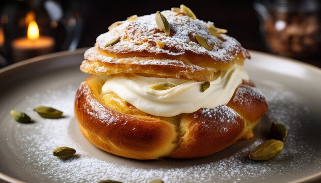 Nordic Cuisine A Swedish Semla Bun With Cardamom Infused Brioche Whipped Cream Almond Paste And Powdered Sugar In Gentle Nordic Light