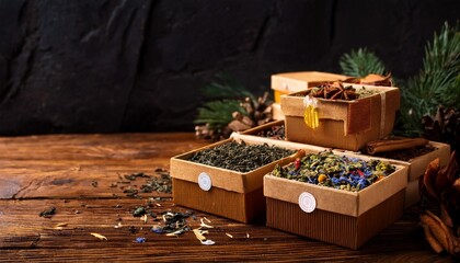 Fototapeta premium Boxes Od Seasonal Winter Teas On Wooden Background
