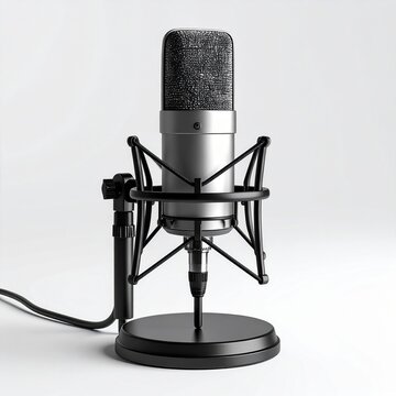 Professional Silver Condenser Microphone with Shock Mount and Black Stand on White Background Studio Lighting