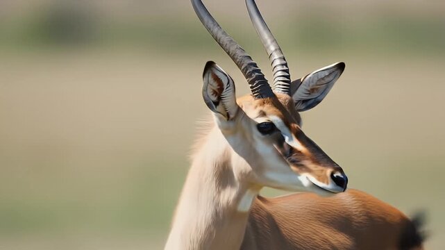 Elegant antelope with curved horns gazes serenely against a soft, blurred background