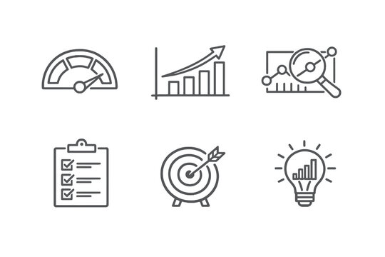 Business analytics and KPI tracking line icon set with six editable stroke vector symbols. Clean outline style for performance dashboards, metrics analysis and management interfaces.