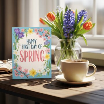Happy First Day of Spring Greeting Card on Wooden Table with Steaming Coffee Cup and Fresh Tulips near Window