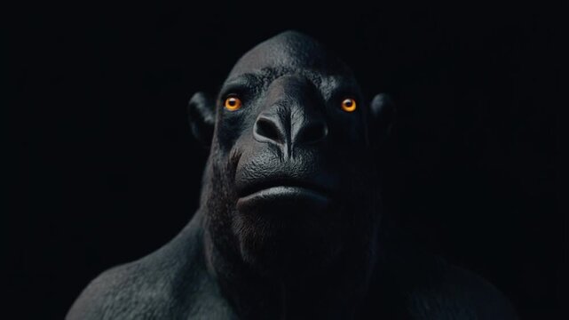 A close-up portrait of a dark ape-like creature with intense golden eyes against a black backdrop