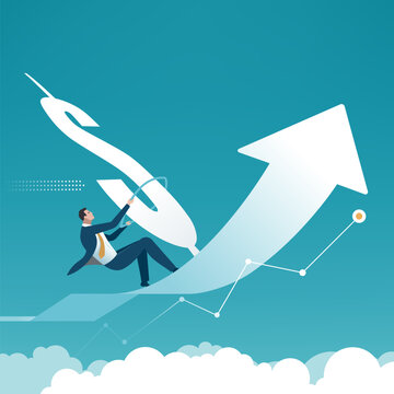 Profit. Windsurfing. A businessman uses the power of investment to succeess and growth, much like a windsurfer at sea. Vector illustration.