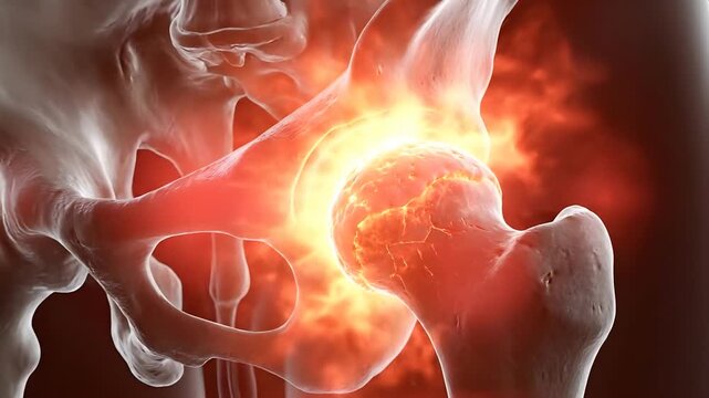 Close Up of Damaged Hip Joint with Red Glow Indicating Pain and Inflammation Medical Anatomy Illustration