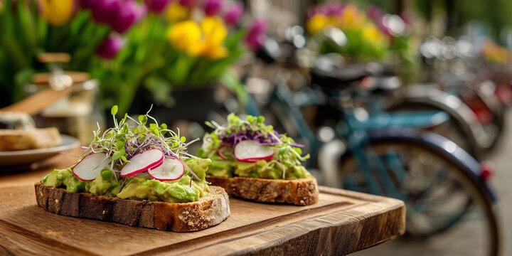 Cafe-style avocado toast with radish and microgreens, tulips and bicycles blurred behind. Bright urban morning and fresh spring breakfast in motion.