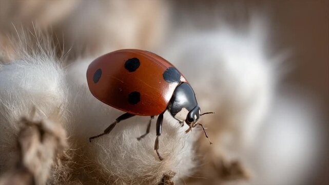 A close-up of a ladybug with a red shell and black spots on a fluffy background