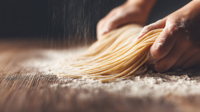 Homemade pasta-making class, hands kneading dough, rolling fresh spaghetti strands, culinary workshop photography