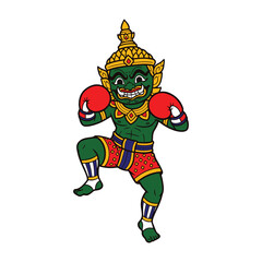Obraz premium Thai Giant ramayana Boxer muay thai travel in thailand cute cartoon hand drawn vector Illustration on white background