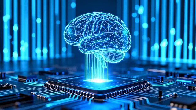 Blue glowing brain on circuit board