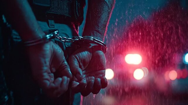 Arrested person in handcuffs with police lights at night in rain,Hands in handcuffs during police arrest,Law enforcement arrest scene with handcuffed hands,Suspect restrained by police at night in rai