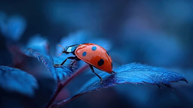 A vibrant ladybug with black spots rests on a vivid blue leaf. The background is blurred