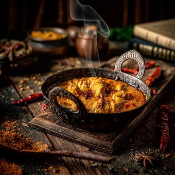 A steaming spicy curry served in a hammered metal kadai on a rustic wooden board, with chili peppers and scattered spices around.