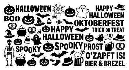 Halloween and Oktoberfest themed icons and typography collection.