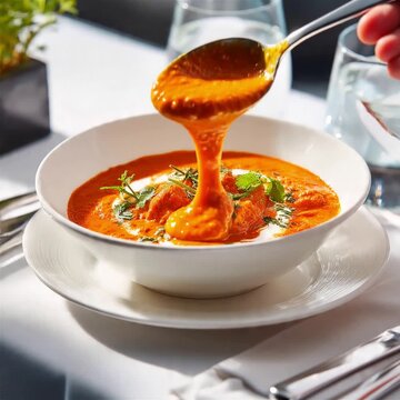 A white bowl of rich orange lobster bisque is being ladled, garnished with fresh herbs on a sunny table setting.