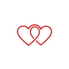A 2D vector illustration of two intertwined hearts in red lines on a white background.
