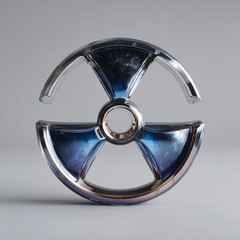 Minimal studio render of a polished metallic radiation symbol with blue translucent segments, representing nuclear energy, hazard, and modern industrial design
