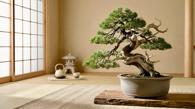 Juniper Bonsai tree in a traditional room with natural light and simple decorations during the day