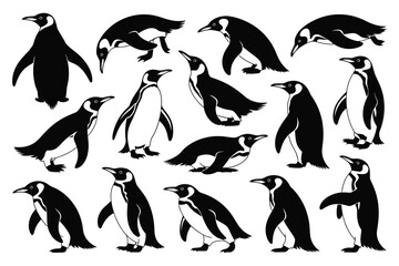 Obraz premium Black and White Silhouette Penguins Group Illustration