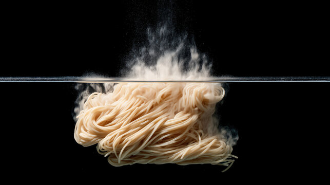 Perfect al dente spaghetti strands falling into boiling water, high-speed photography, steam and motion