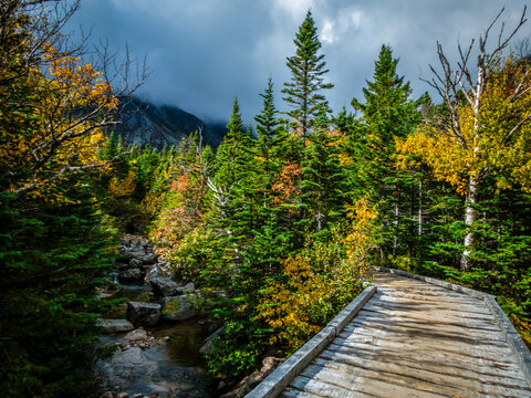 Chimney Pond trail hike at Baxter State Park, Maine, with peak fall foliage on an overcast cloudy day