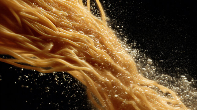 Perfect al dente spaghetti strands falling into boiling water, high-speed photography, steam and motion