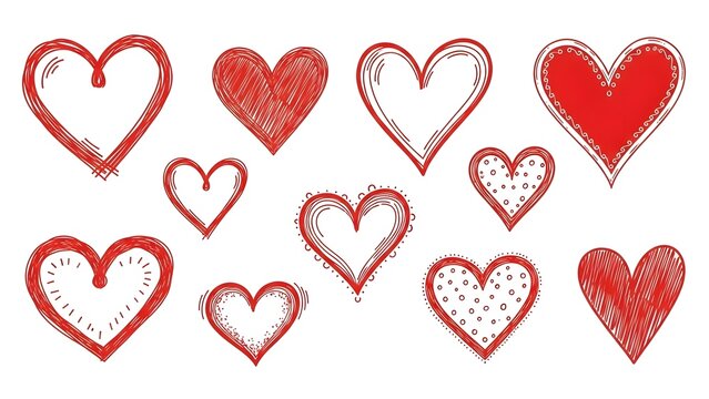 Collection of hand-drawn red hearts with varying patterns and designs on a plain background