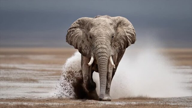 A large elephant charges forward on a dry plain, kicking up dust and water