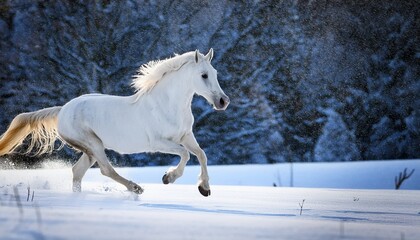 Fototapeta premium White Horse Run Fast In Snow