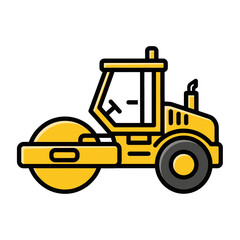 Naklejka premium Heavy Road Roller Compactor Icon. Yellow Construction Vehicle Vector Illustration for Paving, Asphalt Work, and Infrastructure.