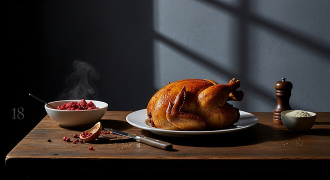Roast Turkey on Wooden Table