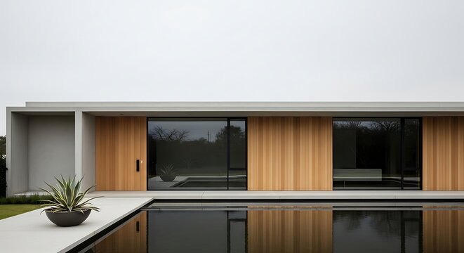 Modern house with pool and wood panels.