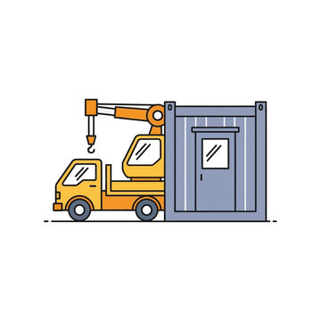 Crane Truck Moving Portable Container Unit Icon. Logistics, Transportation, and Heavy Lifting Service Illustration in Outline Style.
