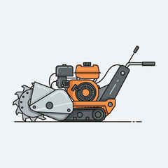 Walk-Behind Trencher Machine Illustration. Flat line vector icon of commercial gas-powered ditch digger construction equipment.