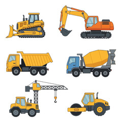 Heavy Construction Vehicles Set: Bulldozer, Excavator, Dump Truck, Crane, Mixer, Roller. Flat Icon Illustration.