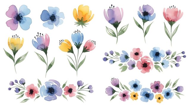 Watercolor flowers in various colors and arrangements depicted in a delicate illustration style.