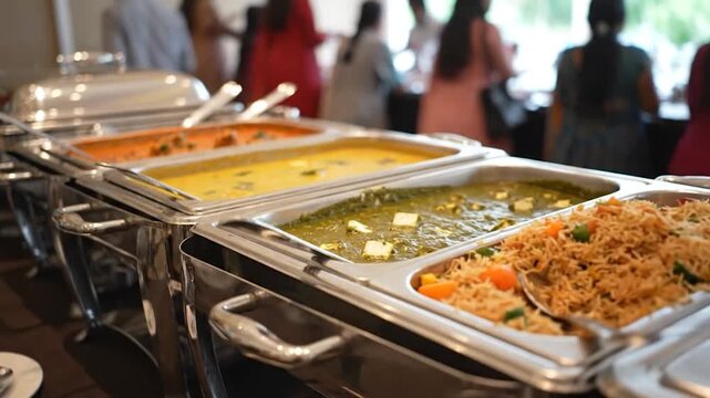 Array of Indian dishes in stainless steel chafing dishes at a catering event, people blurred