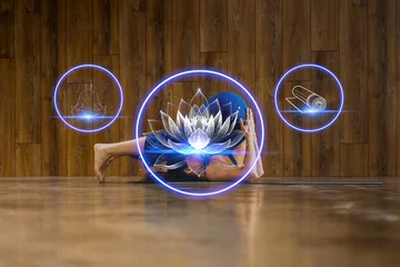 Fotobehang Lotusbloem Woman doing yoga pose with glowing lotus and wellness icons  © Ivi - Powerlightss