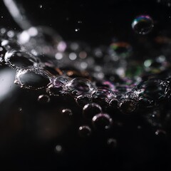Fototapeta premium Stunning water bubbles floating in dark background with rainbow light reflections
