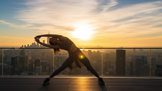 A woman practicing yoga on a rooftop with a city skyline background at sunset. Perfect for fitness, wellness, and meditation materials.