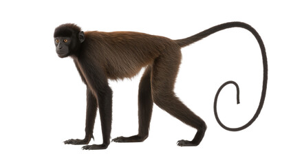 Fototapeta premium A brown monkey with dark fur and a long, distinctly curled tail stands alertly in a studio photograph, its slender form and focused gaze highlighted against a white background