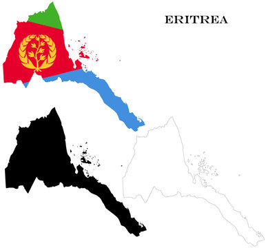 Eritrea Country Maps Bundle with National Flag, Black Silhouette and Detailed Outline Contours