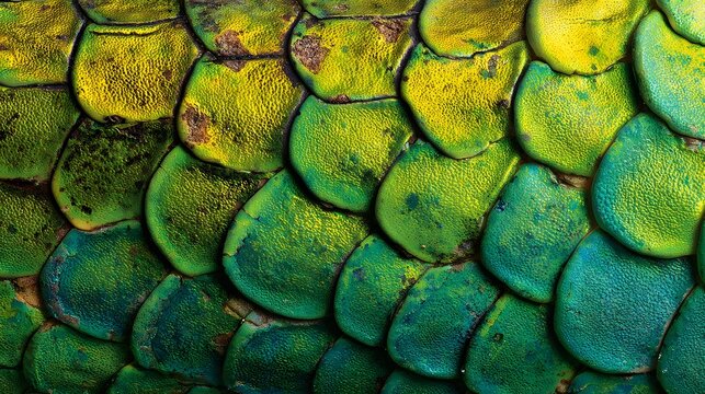 Close-up of vibrant green and yellow reptile scales creating a textured pattern.