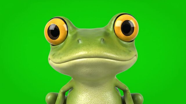 Adorable green frog character with big eyes on a vivid green screen, ready for animation projects