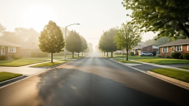A serene suburban street with trees and houses on both sides, bathed in warm sunlight and morning fog. Perfect for backgrounds, real estate marketing, and travel brochures.