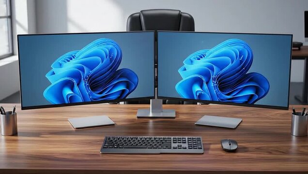 Dual Monitor Setup with Windows 11 Wallpaper on Wooden Desk.