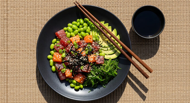 Sushi Bowl with Tuna and Avocado on Dark Plate