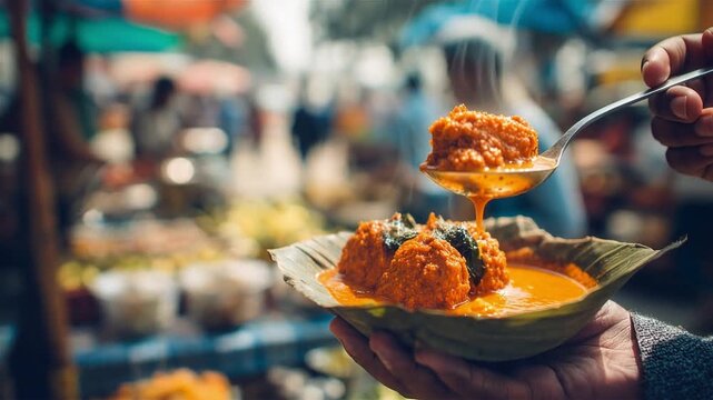 Street food served on a banana leaf: saucy orange curry with chunky vegetables or fritters, spooned from a metal spoon at a bustling market.