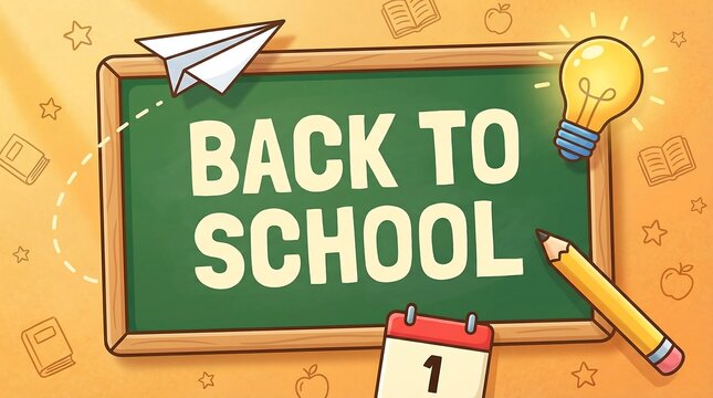 Back to School Green Chalkboard with Paper Plane, Lightbulb, Calendar, and Apple