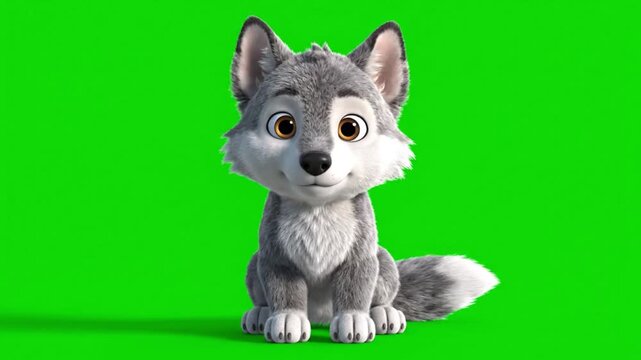 Adorable cartoon baby wolf pup with friendly expression sitting on a vibrant green screen background ready for compositing